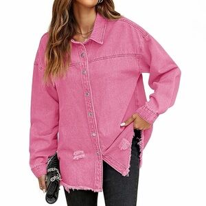 Fantaslook Pink Distressed Denim Jacket/Shacket w/ Frayed Hem, SZ S NWOT